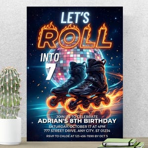 Roller Skating Birthday Invitation | Let's Roll Into 7 Birthday Invite | Boys Inline Skate Rollerblade Fire Disco Party | 8th Birthday PA070