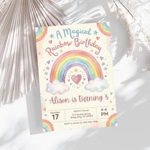 May include: A Magical Rainbow Birthday invitation with a watercolour rainbow design. The invitation includes the text "Alison is turning 5" and event details. The colour palette includes pastels and a heart shape.