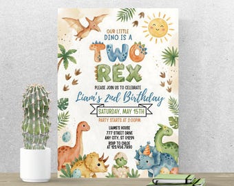 Our Little Dino Is Two Birthday Invitation, Cute Dinosaur Party Invite, Editable Canva Template A199