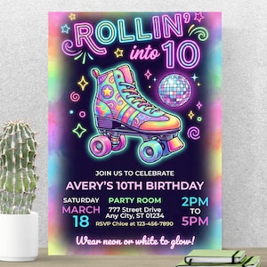 May include: A vibrant invitation for a 10th birthday party. The design features a colorful roller skate, a disco ball, and the words "Rollin' into 10." Details include the date, time, and location of the party.