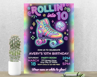 May include: A vibrant invitation for a 10th birthday party. The design features a colorful roller skate, a disco ball, and the words "Rollin' into 10." Details include the date, time, and location of the party.