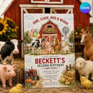 Puede incluir: Una tarjeta de invitación rectangular para una fiesta de segundo cumpleaños en una granja con un granero rojo, un tractor y animales como una vaca, un cerdo, un caballo, una oveja y pollitos. El texto dice OINK, CLUCK, MOO & NEIGH!! BECKETT'S SECOND BIRTHDAY.