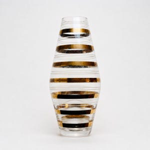 Borske Sklo Czech Glass Vase, Gold Banded Bohemian Glass, Mid Century Vintage Vase, Czechoslovakia, 23 cm