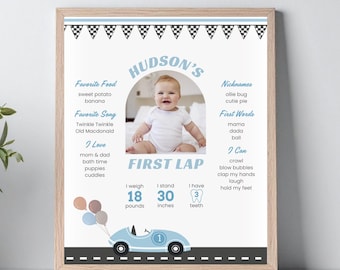 Fast One verjaardag mijlpaalposter blauwe auto verjaardagsbord eerste jaar raceauto verjaardagsfeestje jongen 1e verjaardag afdrukbare postersjabloon