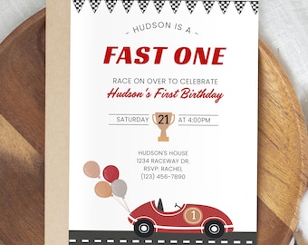 Fast One Birthday Invitation Red Race Car Birthday Invite Boy 1st Birthday Party Racing Birthday Editable Canva Template