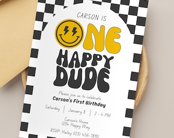 One Happy Dude Birthday Invitation Editable 1st Birthday Boy Invite One Happy Dude Invitation Digital Smiley Face Retro First Birthday Party