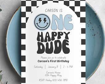 One Happy Dude Birthday Invitation Editable 1st Birthday Boy Invite One Happy Dude Invitation Digital Smiley Face Retro First Birthday Party