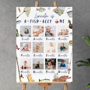 Op de afbeelding: Een gepersonaliseerde baby mijlpaal poster met een visthema. De poster bevat de tekst "Lincoln is O-FISH-ALLY ONE" en bevat foto's van een baby van 1 tot 12 maanden oud, samen met illustraties over vissen.
