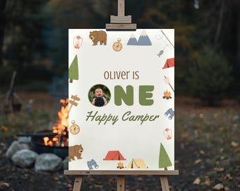 Een gelukkige camper verjaardag welkomstbord Camping verjaardagsfeestje eerste jarige bewerkbare postersjabloon Canva Instant Download