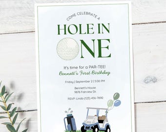 Golf Hole in One Birthday Invitation Golf First Birthday Par-tee Hole-in-one 1st Birthday Invite Template First Birthday Party Canva Invite