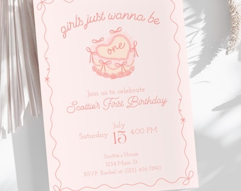 Girls Just Wanna Be One Invite Pink Bow Birthday Invitation Girl 1st Birthday Girls Just Wanna Be One Birthday Theme Vintage Retro Template
