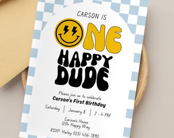 One Happy Dude Birthday Invitation Editable 1st Birthday Boy Invite One Happy Dude Invitation Digital Smiley Face Retro First Birthday Party