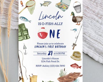 Invitación de primer cumpleaños de pesca Ofishally One Fiesta de cumpleaños de niño El grande Cumpleaños con temática de pesca Invitación de primer cumpleaños de O-fish-ally One