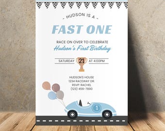 Fast One Birthday Invitation Boy 1st Birthday Blue Race Car Birthday Invite Printable Template First Birthday Party Racing Birthday Invite