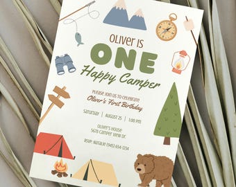 One Happy Camper Birthday Invitation Template Camping Birthday Invite Boy First Birthday One Happy Camper First Birthday Mobile Invitation
