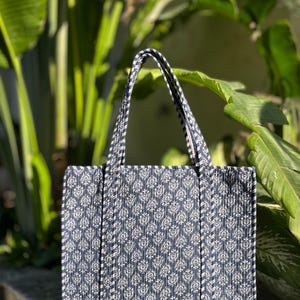 Jaipuri Quilted Cotton Tote Bag: Indigo Floral Print IGift for Her