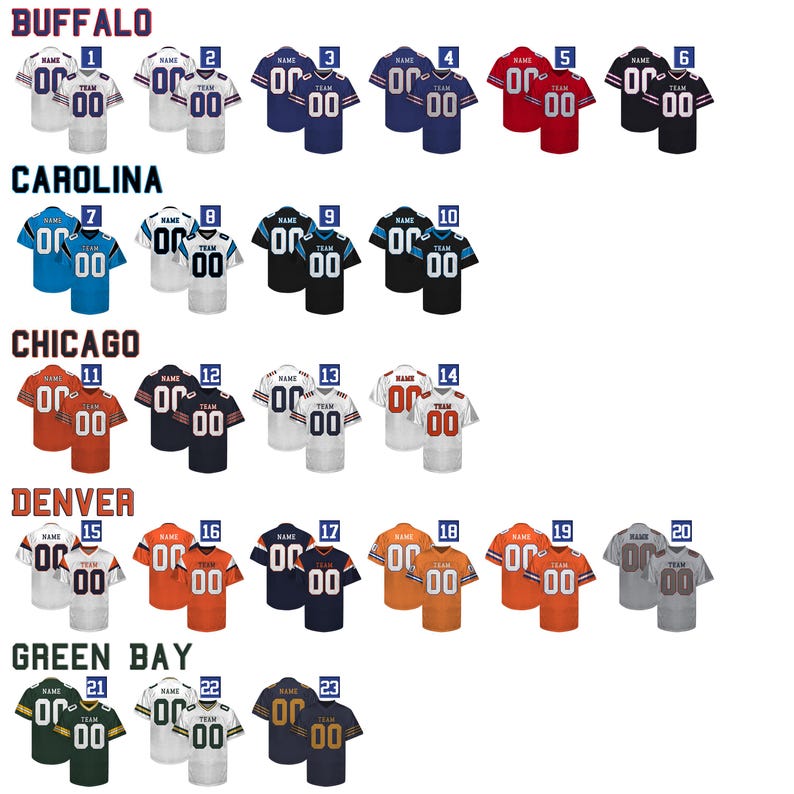 May include: A collection of football jerseys, each with a team name and number. The jerseys are in various colors, including blue, red, black, orange, and green. Each jersey has a white or black number on the front and back.
