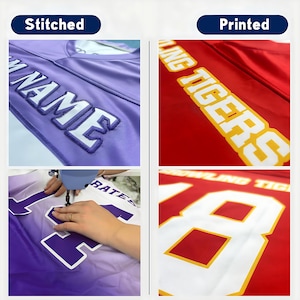 May include: Image comparing stitched and printed jersey details. The stitched jersey is purple with white lettering, while the printed jersey is red with yellow lettering. The image shows close-ups of the stitching and printing processes.