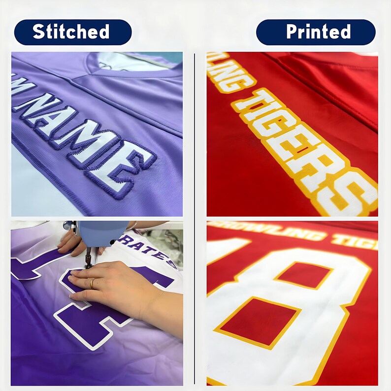 May include: Image comparing stitched and printed jersey details. The stitched jersey is purple with white lettering, while the printed jersey is red with yellow lettering. The image shows close-ups of the stitching and printing processes.