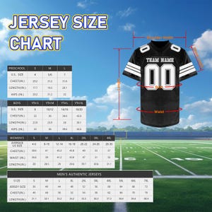 May include: Black football jersey with white stripes on the sleeves and shoulders, featuring the number "00" in white. The image includes a jersey size chart for preschool, boys, women's, and men's authentic jerseys, with measurements in inches.