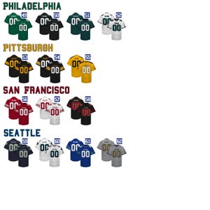 May include: Collection of football jerseys in various colors, including green, black, yellow, red, blue, and gray. Each jersey features the number "00" and the word "TEAM". The jerseys represent teams from Philadelphia, Pittsburgh, San Francisco, and Seattle.