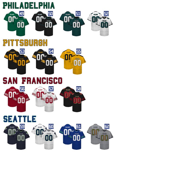 May include: Collection of football jerseys in various colors, including green, black, yellow, red, blue, and gray. Each jersey features the number "00" and the word "TEAM". The jerseys represent teams from Philadelphia, Pittsburgh, San Francisco, and Seattle.