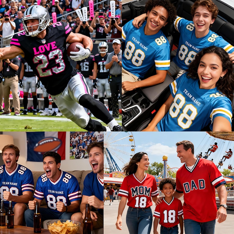 May include: A collage of images featuring people wearing sports jerseys. One image shows a football player in a black and pink uniform with the word "LOVE" and the number "23". Other images show people in blue and red jerseys with the number "88" and the words "TEAM NAME", "MOM", and "DAD".