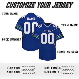 May include: Two blue football jerseys with white numbers and green accents are displayed. The text "CUSTOMIZE YOUR JERSEY" is at the top. The image shows areas for customization, including "YOUR NAME", "TEAM NAME", "FRONT NUMBER", and "BACK NUMBER".