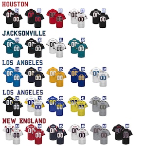 May include: Collection of football jerseys in various colors, including black, red, blue, and white. Each jersey features the team name and number "00". The jerseys are arranged in rows, with team names like Houston, Jacksonville, and Los Angeles.