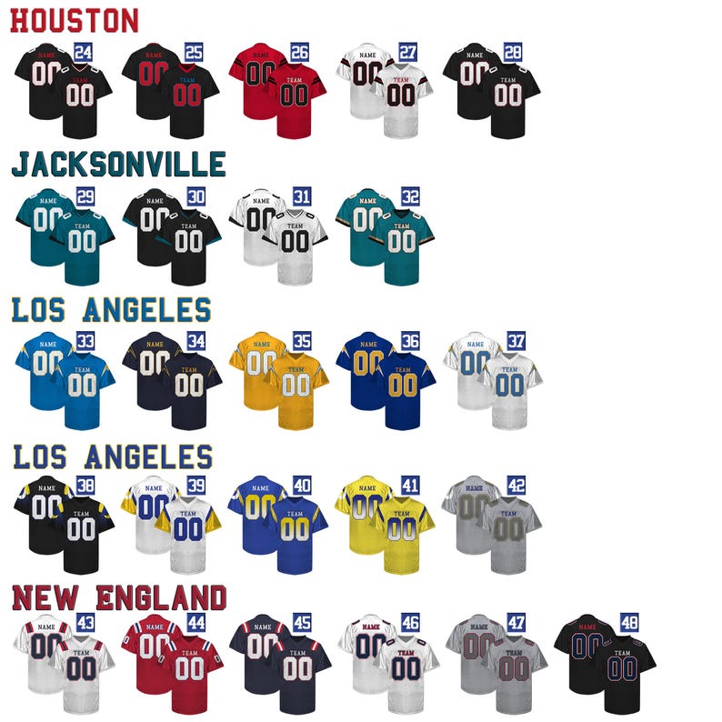 May include: Collection of football jerseys in various colors, including black, red, blue, and white. Each jersey features the team name and number "00". The jerseys are arranged in rows, with team names like Houston, Jacksonville, and Los Angeles.