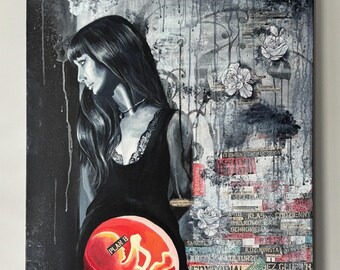 Large Surreal Woman Portrait: Mixed Media Acrylic Collage Painting