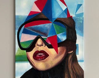 Texturerad akrylmålning: Geometriskt surrealistiskt kvinnoporträtt, 50 x 70 cm