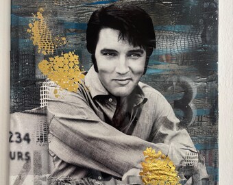 Elvis Presley Collage Art: Handmade Mixed Media with Gold Leaf (40x50cm)
