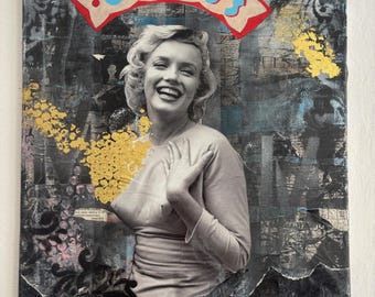 Marilyn Monroe Collage Art: Handmade Mixed Media, Gold Leaf on Canvas
