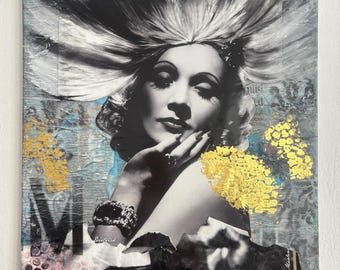 Marlene Dietrich Collage: Handmade Mixed Media Art with Gold (40x50cm)