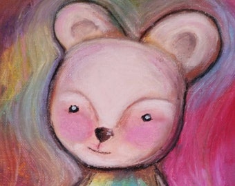 Peinture de l’ours en peluche. Peinture colorée originale. Ours fantaisiste. Pastels à l’huile. Béatrice Ours. Un ours fantaisiste. Art mural de pépinière. Couleurs arc-en-ciel