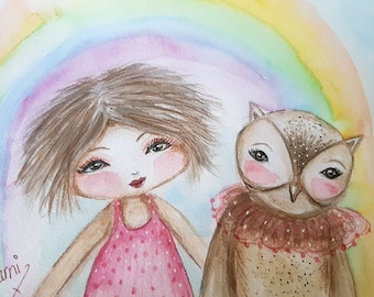 Peinture fantaisiste.  Fantaisie aquarelle originale. Jeune fille et la peinture de hibou. Crèche de l’art. Sticker enfant. Au-dessus de l’arc-en-ciel. Peinture de hibou