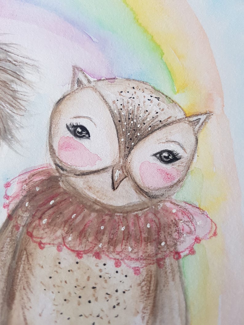 Whimsical Painting. Original Watercolor Whimsy. Girl and Owl Painting
