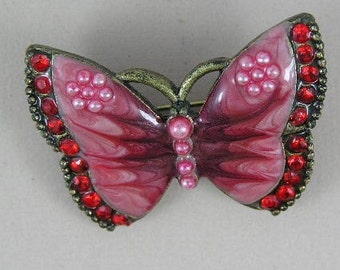 Magnifique broche papillon vintage rose, fausses perles roses. Broche papillon. Strass rouges. broche papillon vintage. Émail rose brillant.