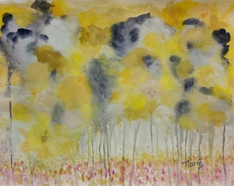 Peinture de paysage jaune originale. Arbres gris et jaunes. Titre (soleil en gris). Peinture d’aquarelle jaune. Peinture d’arbre