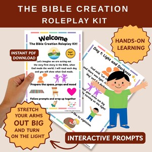 May include: A colourful Bible Creation Roleplay Kit for ages 4-7, featuring interactive prompts and illustrations. The image displays pages with the text "Welcome" and "Day 1: Light and Darkness." The kit is designed to help children learn through roleplay.