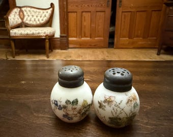 Victorian hand painted milk glass salt and pepper shakers