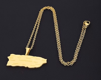 Puerto Rican map pendant with 20in chain gold plated stainless steel