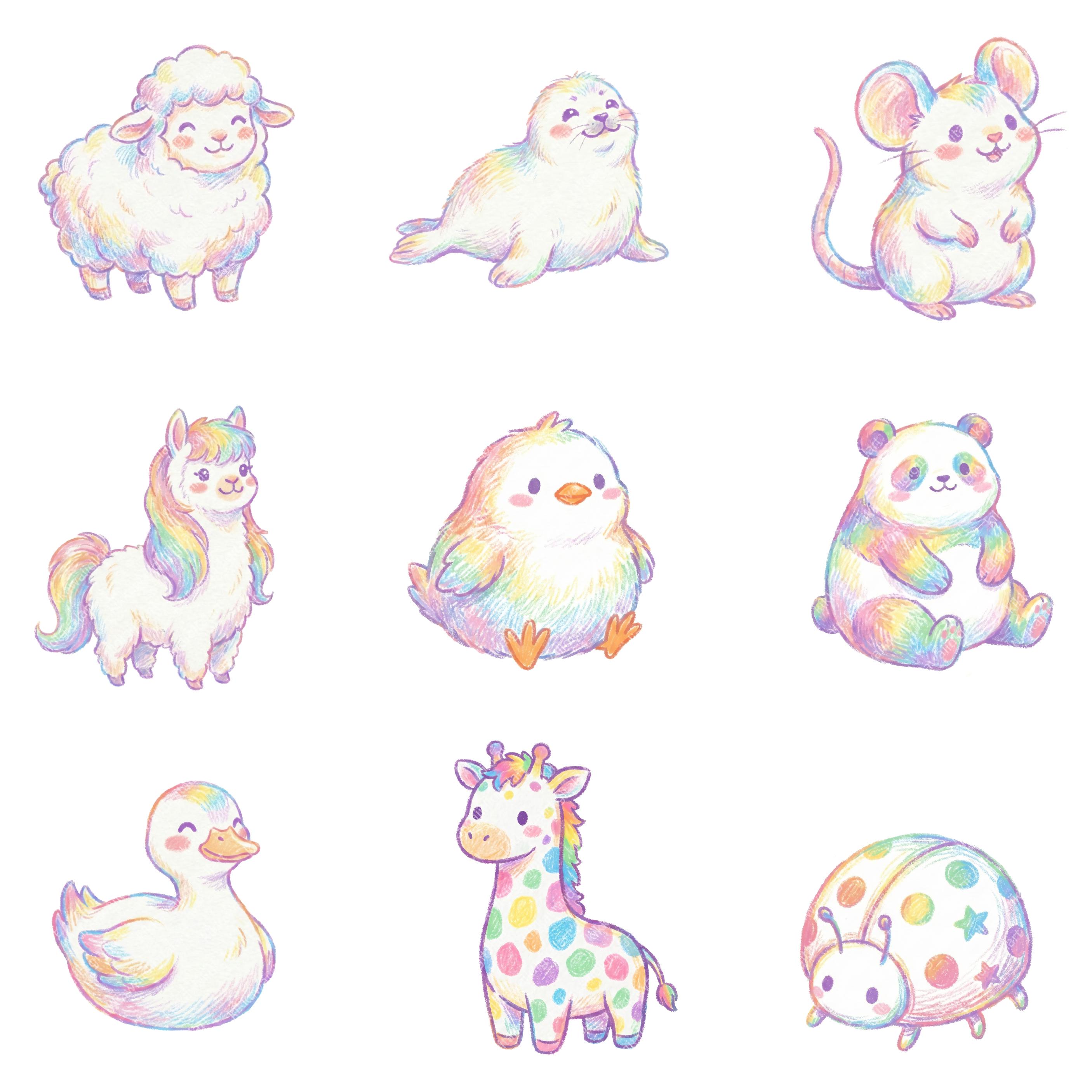 Hand Drawn Pastel Crayon Animal Clipart, Rainbow PNG Set, Digital ...