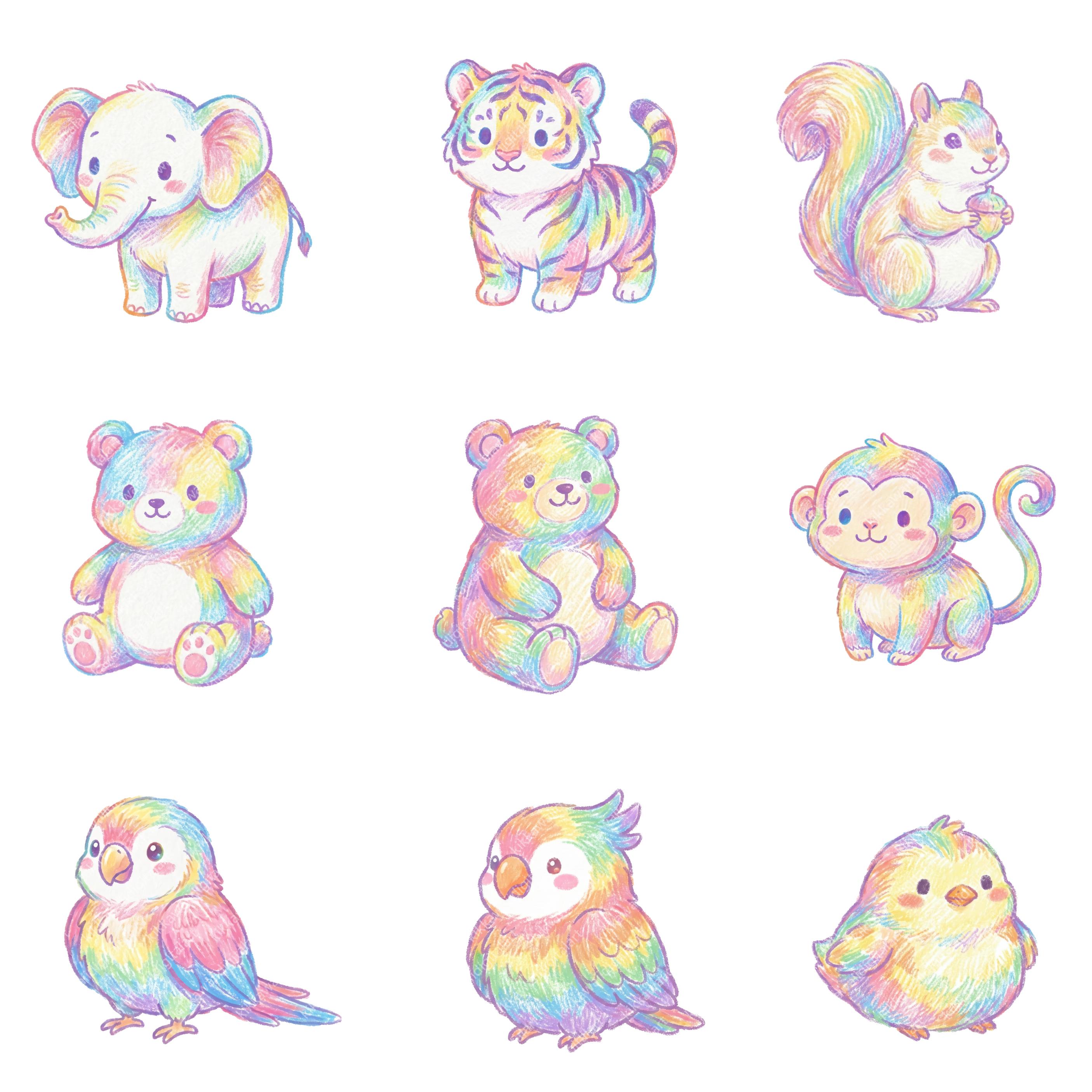Hand Drawn Pastel Crayon Animal Clipart, Rainbow PNG Set, Digital ...