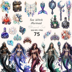 May include: A digital clipart set featuring sea witch and mermaid illustrations, including ornate treasure chests, potion bottles, shells, crowns, mirrors, and wands. The text reads Sea Witch Mermaid Clipart Set 300 DPI / PNG 75, showcasing aquatic themes.