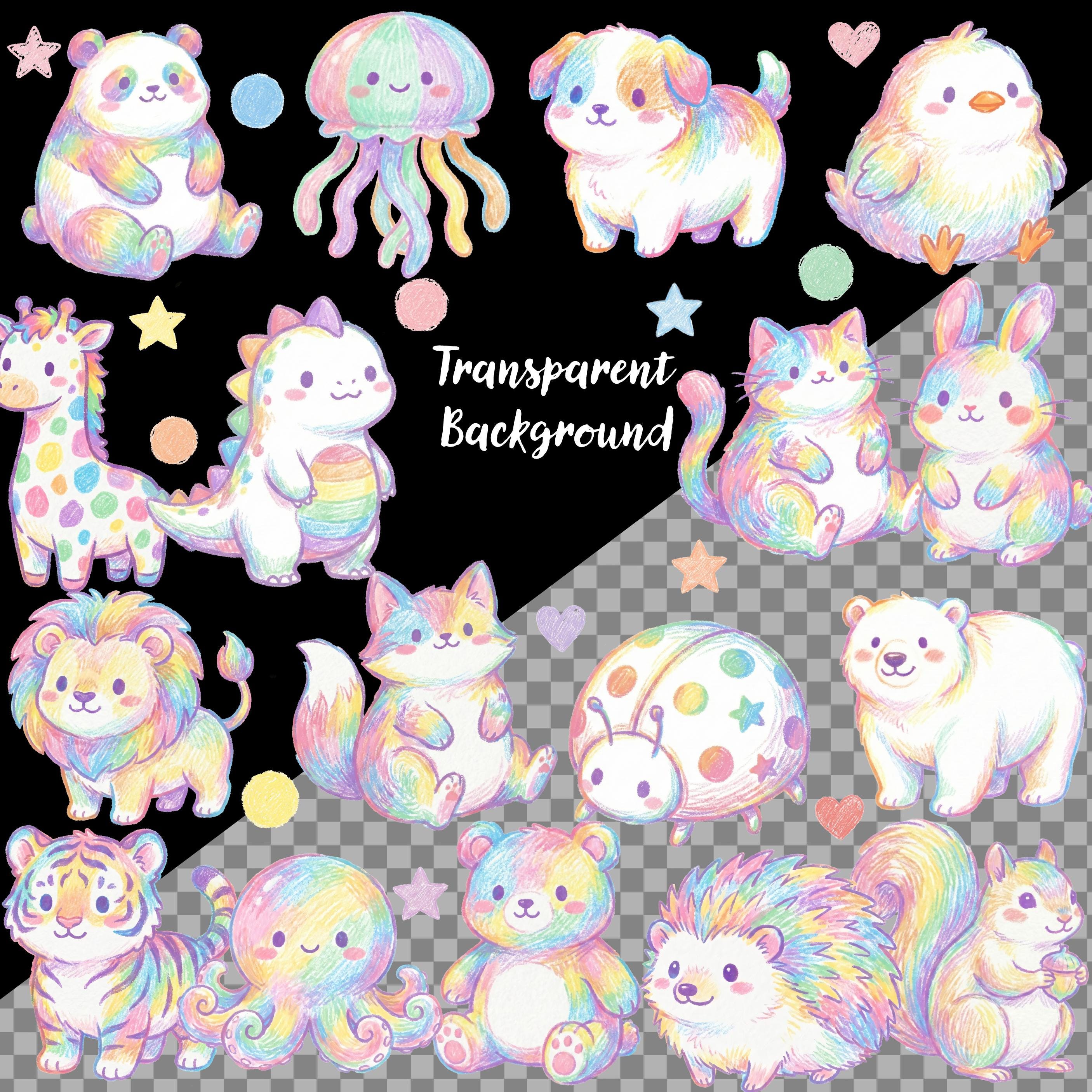 Hand Drawn Pastel Crayon Animal Clipart, Rainbow PNG Set, Digital ...