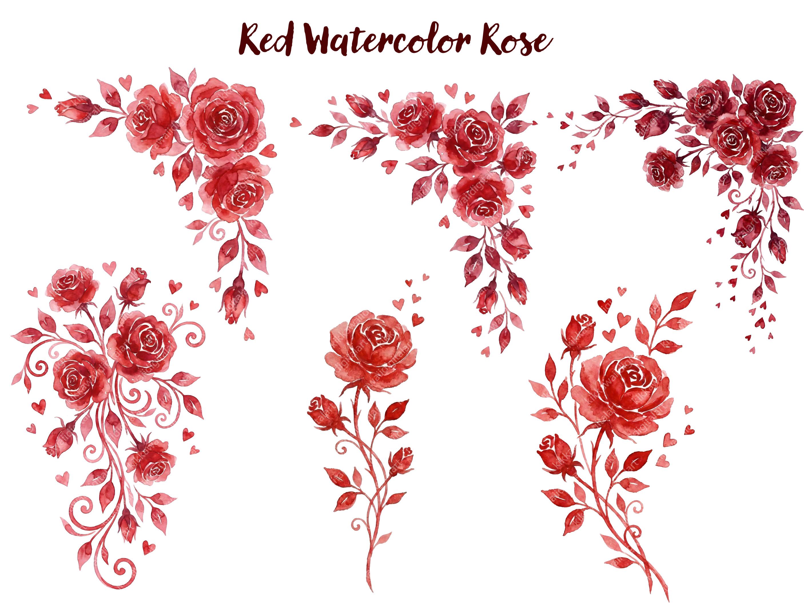 Red Watercolor Rose Clipart Set, Floral Wreath Border Corner Bouquet ...