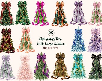 Coquette Christmas Tree Clipart with Large Ribbon Bows PNG