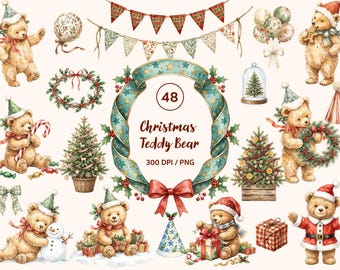 Watercolor Christmas Teddy Bear Clipart Vintage Holiday Animal PNG